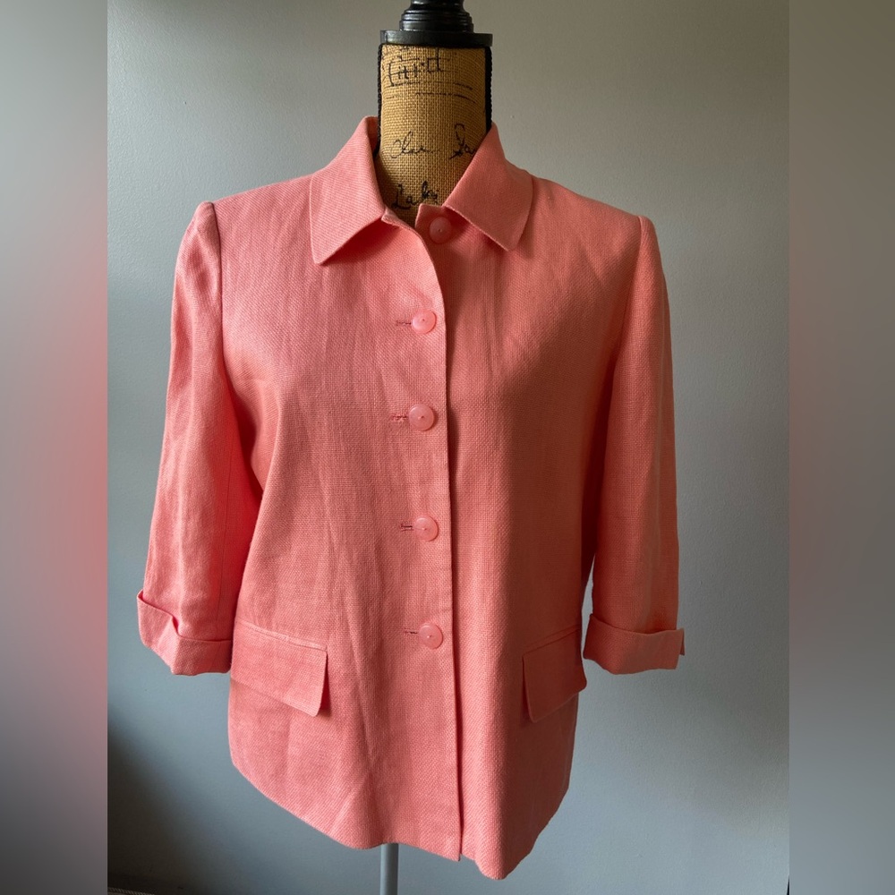 Talbots Sz 12P Coral 100% Irish Linen Lined Women's Blazer